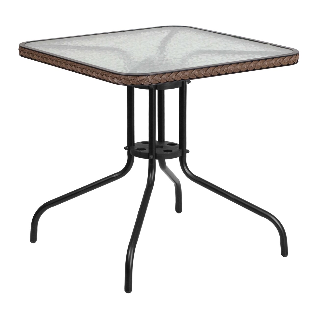 Emma and Oliver 28" Square Tempered Glass Metal Table with Rattan Edging